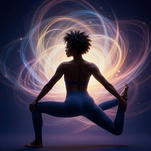 Silhouetted muscular, curly-haired person in yoga pose against a vibrant, swirling cosmic background of blue, pink, and yellow light.
