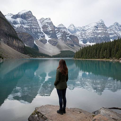 Photograph of a lone woman with long brown hair in a green jacket standing on a rock, facing a serene, reflective mountain lake with snow-capped