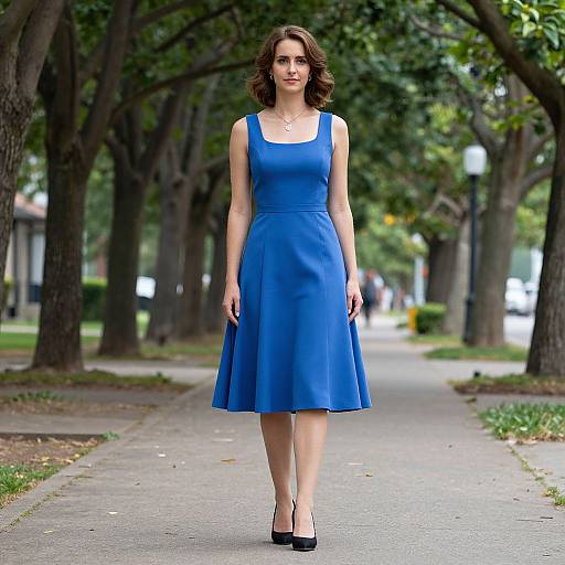Photograph of a fair-skinned woman with brown, wavy hair wearing a sleeveless, knee-length blue dress and black heels, walking on a