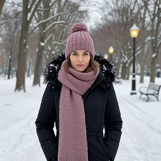 Photograph of a young woman in a black winter coat, pink knit beanie with pom-pom, and matching scarf, standing in a snowy park