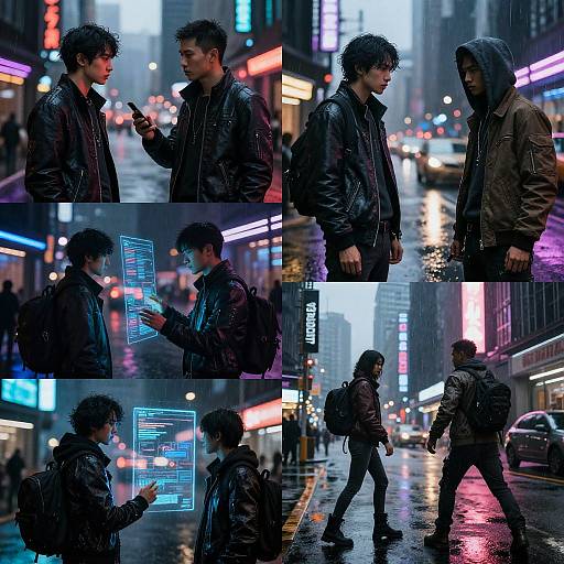 Photographic collage of a young man in a rain-soaked, neon-lit urban street, wearing a black leather jacket and hooded coat, interacting