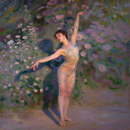 Photorealistic painting of a nude woman with intricate, colorful tattoos, dancing gracefully in a vibrant, purple and green floral garden.