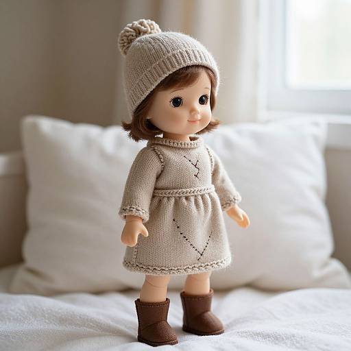Photograph of a realistic doll in a beige knitted dress, hat, and boots, standing on a white bed with soft light.