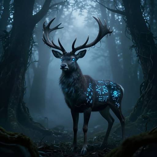 Mystical blue-lit stag with glowing runes and antlers stands in a foggy, dark forest, illuminated by ethereal light from above.