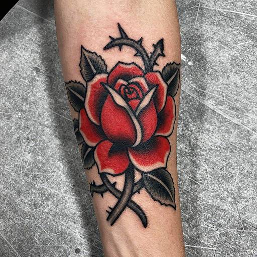 Tattoo of a vibrant red rose with black thorns and leaves on a forearm, featuring bold black outlines and shading.