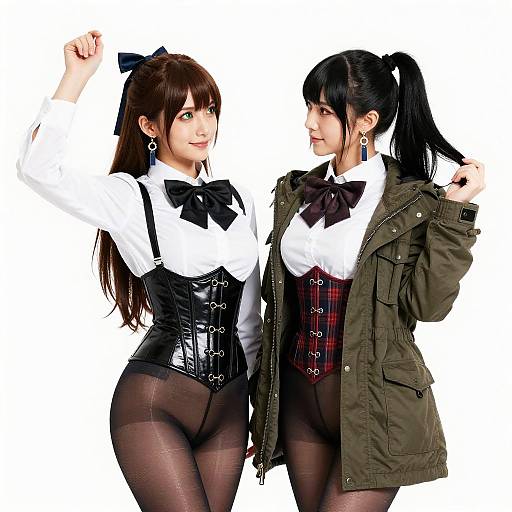 Photograph of two young women with black hair in ponytails, wearing white shirts, black corsets, bow ties, and green jackets, standing close