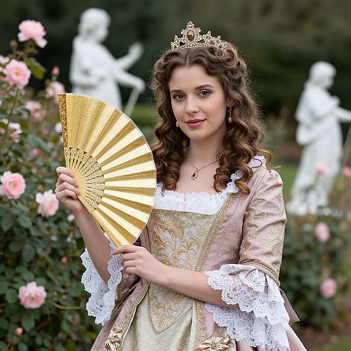 Photograph of a young woman with curly brown hair, wearing a gold tiara, lace-trimmed pink and gold dress, holding a golden fan