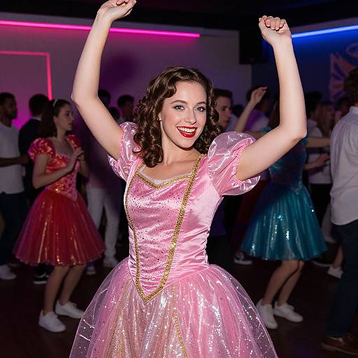 Photograph of a smiling woman with curly brown hair, wearing a sparkling pink ball gown, raising arms in a lively, neon-lit dance party with