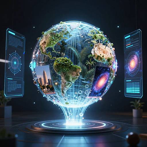 Digital artwork of a glowing, futuristic Earth sphere with neon lights, green foliage, and cityscape images, surrounded by holographic panels.