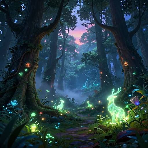 Digital fantasy forest scene with glowing, luminescent fireflies and ethereal, neon deer amidst towering trees and vibrant, colorful flora.