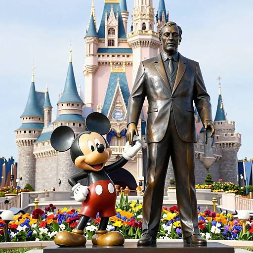 Photograph of a bronze statue of Walt Disney in a suit standing beside Mickey Mouse, with a colorful Disney castle and flower garden in the background.