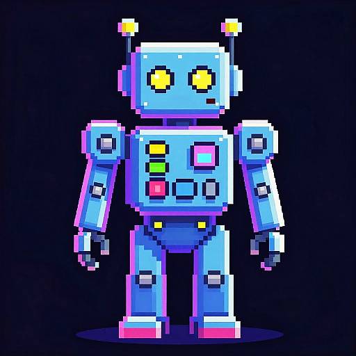 Pixel art of a blue robot with yellow eyes, colorful buttons, and antenna on a black background. Retro, 8-bit style.