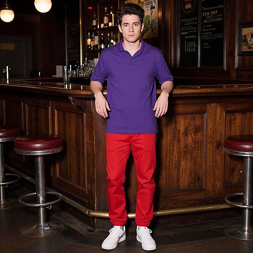 Photograph of a young man with short black hair, wearing a navy polo shirt, bright red pants, and white sneakers, standing in a dimly