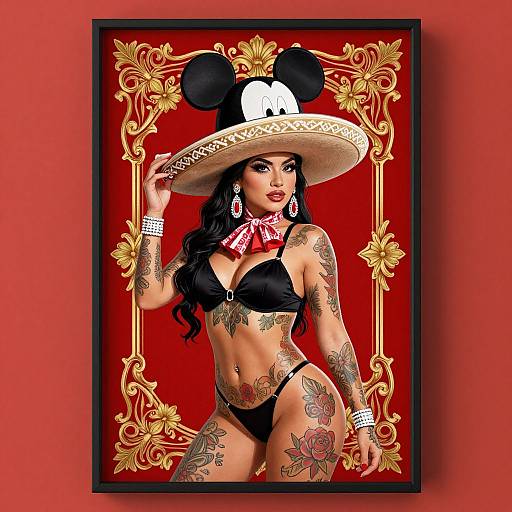 Digital artwork of a tattooed woman in black lingerie, wearing a large sombrero with Mickey Mouse ears, against a red ornate background.