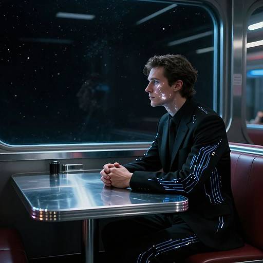 Photorealistic digital art: Dark-haired man in shiny black suit, sitting alone in futuristic space café, hands clasped, gazing out window.