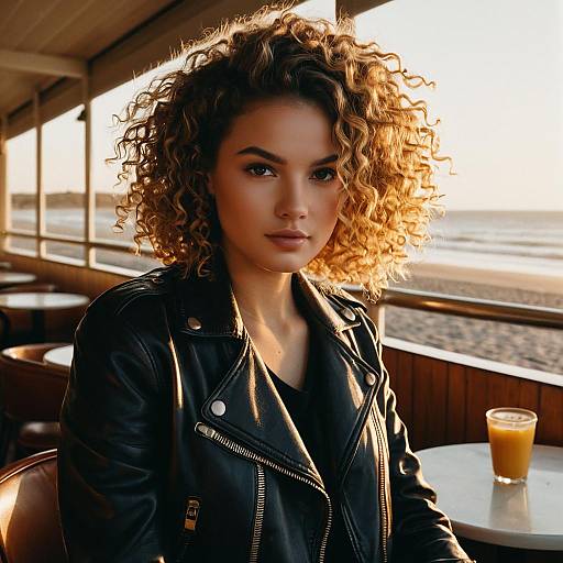 Curly Hair Woman in Leather Jacket at Beachside Café