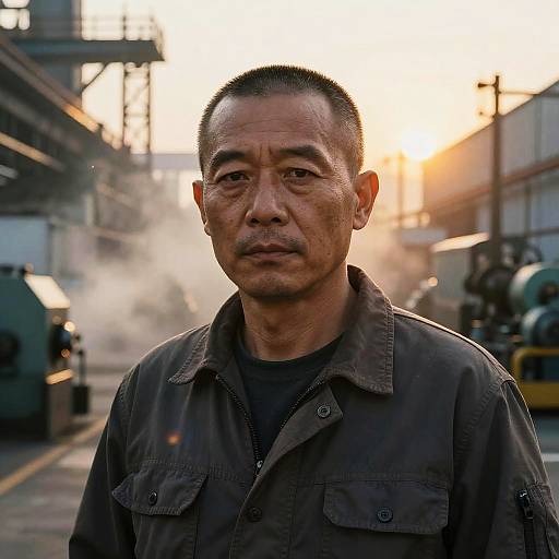 Photograph of a middle-aged Asian man with short black hair, wearing a dark green jacket, standing in an industrial area at sunset with a background of