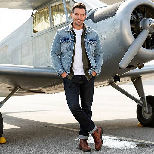 Photograph of a smiling man with short dark hair, wearing a denim jacket, white shirt, black jeans, and brown boots, walking past a vintage