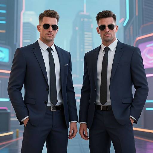 Photorealistic CGI of two attractive, muscular men in black suits, white shirts, black ties, and sunglasses, standing confidently in a neon-lit