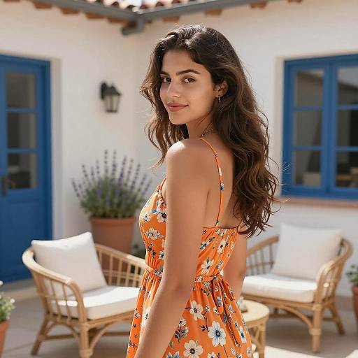 Photograph of a smiling young woman with long wavy brown hair, wearing an orange floral dress, standing in a sunlit, white-walled patio