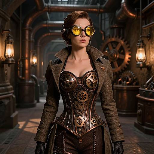 Steampunk woman in leather coat, brass goggles, and gear-corset, standing in dimly-lit, industrial tunnel with warm lanterns and