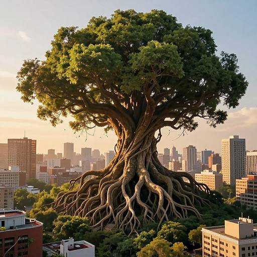 Photorealistic CGI of an enormous, gnarled tree with sprawling roots standing amidst a city skyline at sunset, surrounded by buildings.
