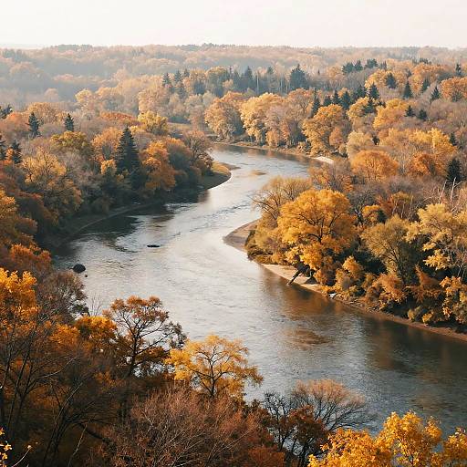 Photograph of a winding river with golden autumn trees reflecting in the water, surrounded by a dense forest under a bright sky.