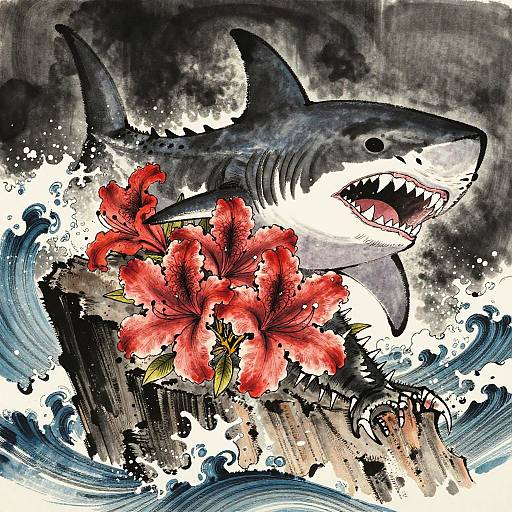 Fierce Floral-Animal Sumi-e Fusion