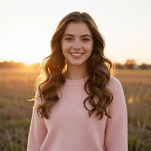 Photograph of a smiling young woman with long brown wavy hair, wearing a pink knit sweater, standing in a sunlit field at sunset.