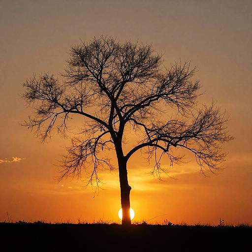 Photograph of a leafless tree silhouetted against a vibrant orange sunset, with the sun partially visible at the horizon.