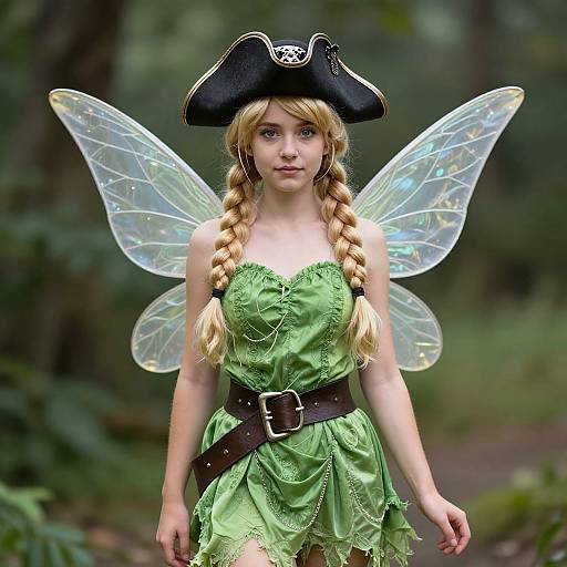Photograph of a young blonde girl with braided hair, green fairy dress, black pirate hat, and transparent fairy wings, standing in a forest.