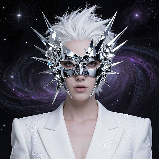 Photograph-style digital art of pale-skinned, white-haired person with spiky silver mask adorned with jagged mirrors, wearing white textured jacket, against