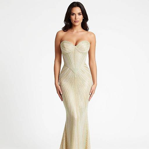 Photograph of a curvy woman with medium skin tone and dark hair, wearing a strapless, form-fitting, textured gold evening gown, standing