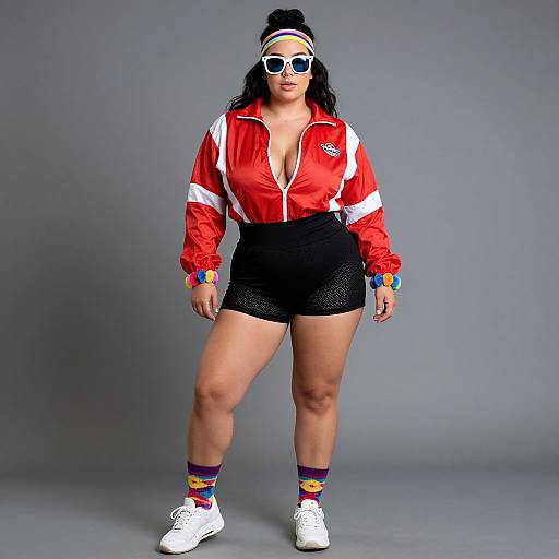 Photograph of a plus-sized woman with dark skin, wearing a red and white zip-up jacket, black shorts, white sneakers, colorful wristbands,