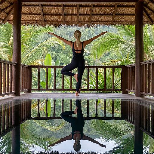 Photograph of a blonde woman in black yoga pants and a red tank top, standing in a treehouse, balancing on one leg in a yoga pose
