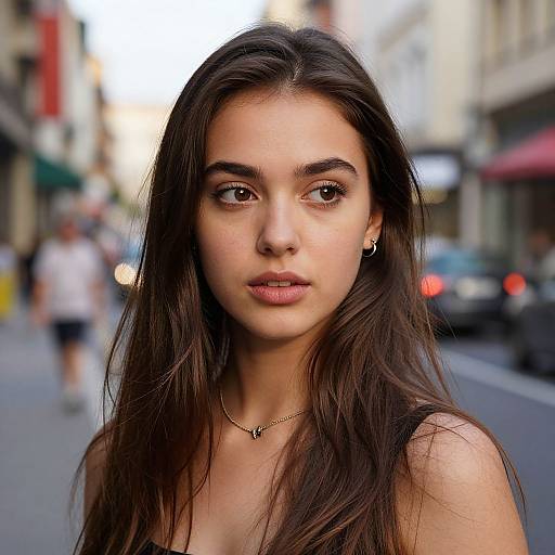 Photograph of a young woman with long, dark brown hair, light skin, and brown eyes, wearing a black top and small necklace, standing on