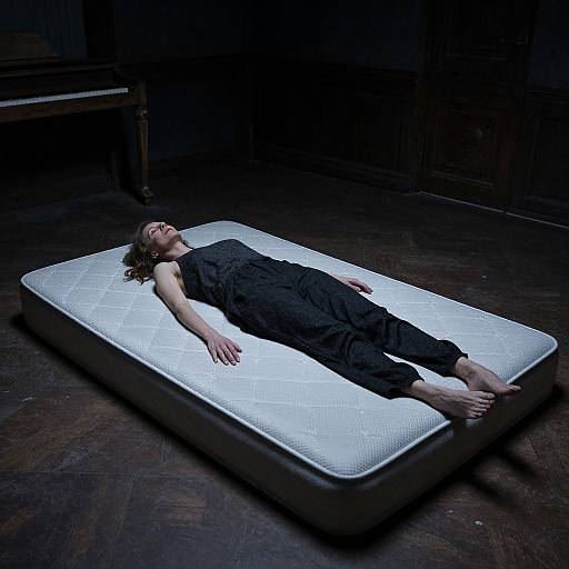 Photograph of a woman with pale skin, brown hair, in a black jumpsuit, lying on a white quilted mattress in a dimly lit