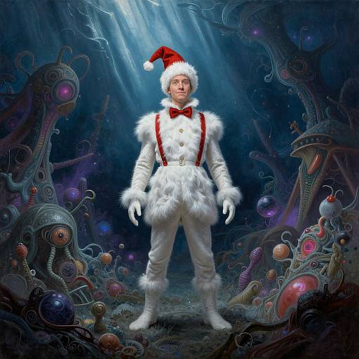 Digital art: A man in a white fur Santa suit with red bowtie, suspenders, and hat stands confidently in a surreal, dark blue alien