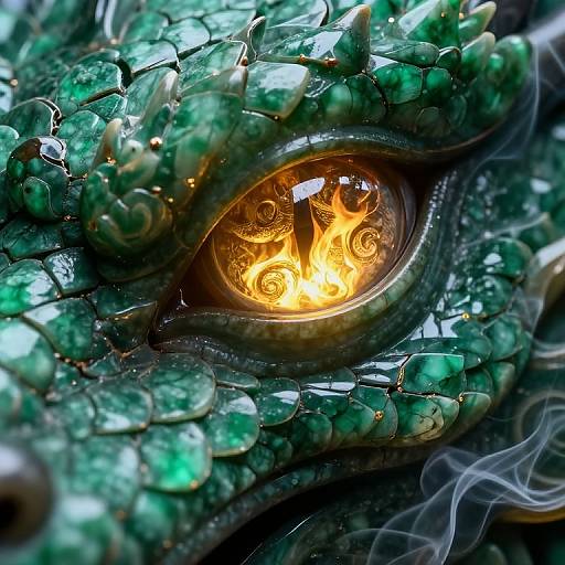 Close-up digital art of a dragon's eye, featuring vivid green, glossy scales and an intense, fiery orange eye with swirling flames. Thin wisps