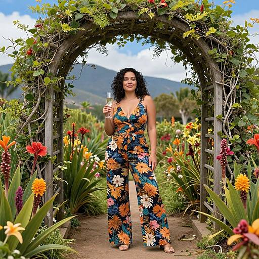 Photograph of a curly-haired woman in a vibrant floral jumpsuit, standing under a flower-covered archway in a colorful garden, holding a champagne flute