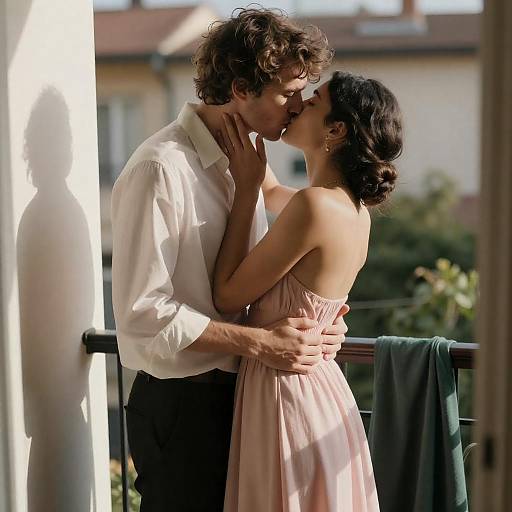 Passionate Balcony Kiss Under Sunlight