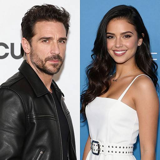 Photograph of a bearded man in a black leather jacket on the left, and a smiling woman with long dark hair in a white dress on the