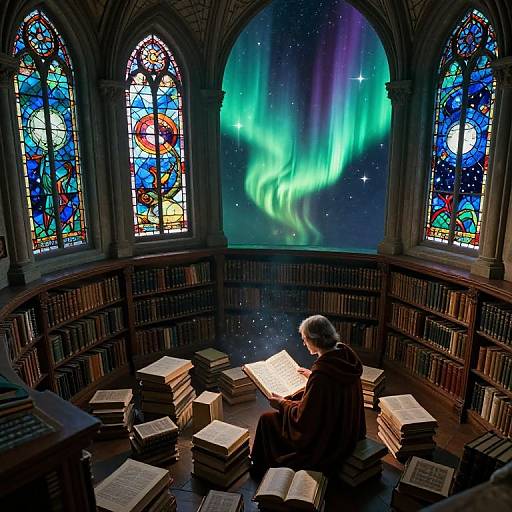 Elderly person in dark robe reads in library, surrounded by books, under vibrant green aurora displayed through colorful stained glass windows.