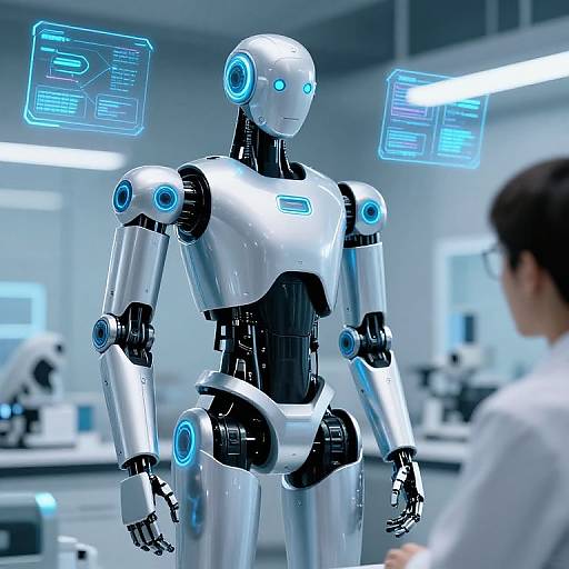 Photograph of a silver robot with glowing blue eyes and panels, standing in a modern laboratory, interacting with a blurred scientist.