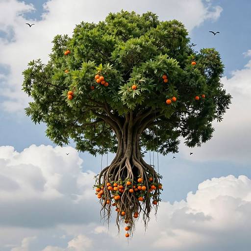 Digital artwork of a lush, fruit-laden orange tree with sprawling roots, floating in a clear blue sky with scattered clouds and two flying birds.