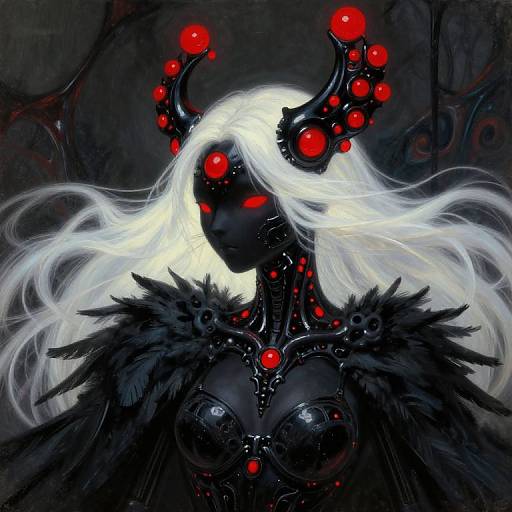 Digital fantasy artwork of a dark-skinned, glowing red-eyed demoness with long white hair, black horns adorned with red orbs, and black feathered