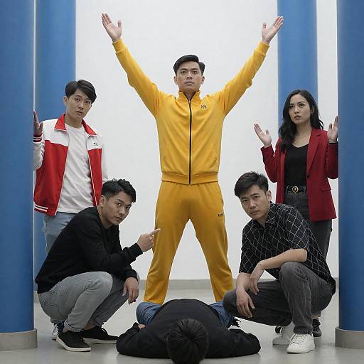 Dramatic Group Pose with Blue Pillars