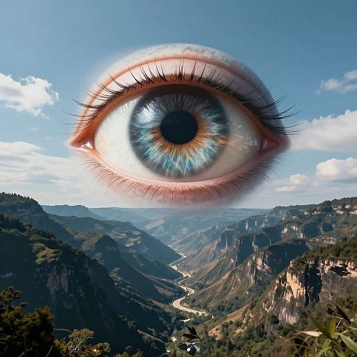 Photograph of a hyper-realistic blue-eyed human eye superimposed over a scenic mountain landscape with a winding river under a bright blue sky.