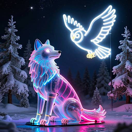 Neon-lit wolf and eagle sculpture in a snowy forest at night, glowing in blue, pink, and white. Digital CGI artwork.
