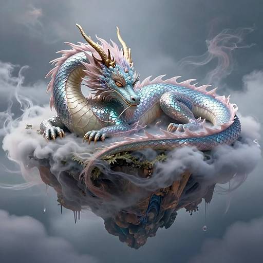 Digital artwork of a shimmering blue dragon with pink and white accents, curled on a misty cloud island, surrounded by swirling fog.